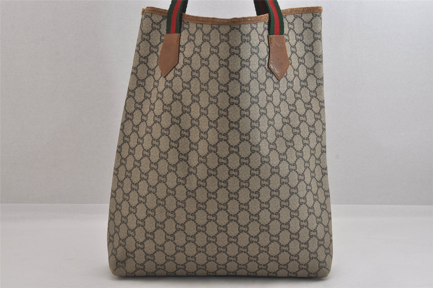 Authentic GUCCI Web Sherry Line Vintage GG Plus Tote Bag PVC Leather Brown 8760M