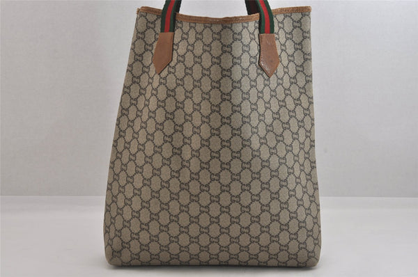 Authentic GUCCI Web Sherry Line Vintage GG Plus Tote Bag PVC Leather Brown 8760M