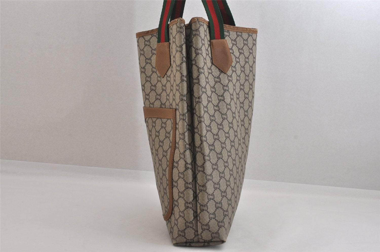 Authentic GUCCI Web Sherry Line Vintage GG Plus Tote Bag PVC Leather Brown 8760M