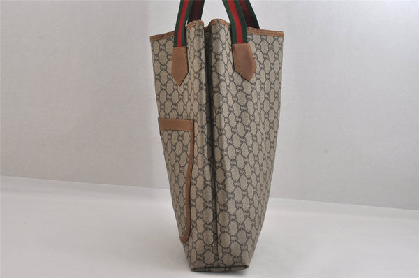 Authentic GUCCI Web Sherry Line Vintage GG Plus Tote Bag PVC Leather Brown 8760M