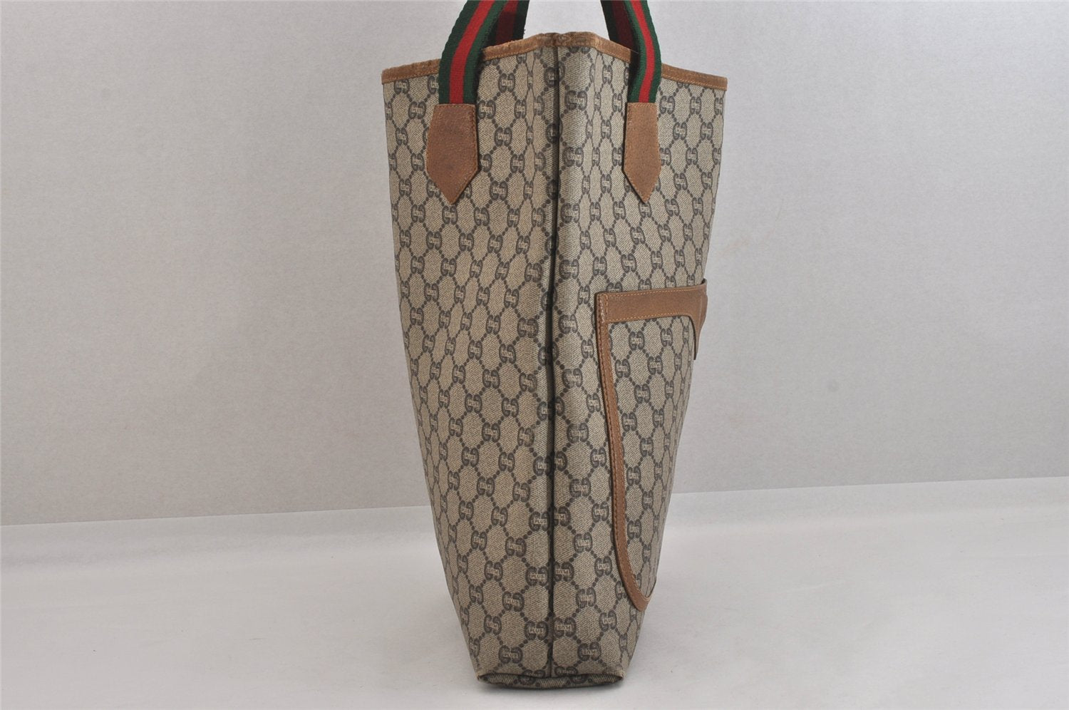Authentic GUCCI Web Sherry Line Vintage GG Plus Tote Bag PVC Leather Brown 8760M