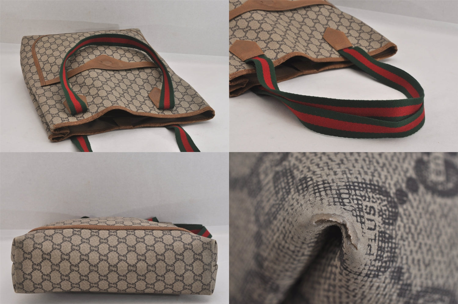 Authentic GUCCI Web Sherry Line Vintage GG Plus Tote Bag PVC Leather Brown 8760M