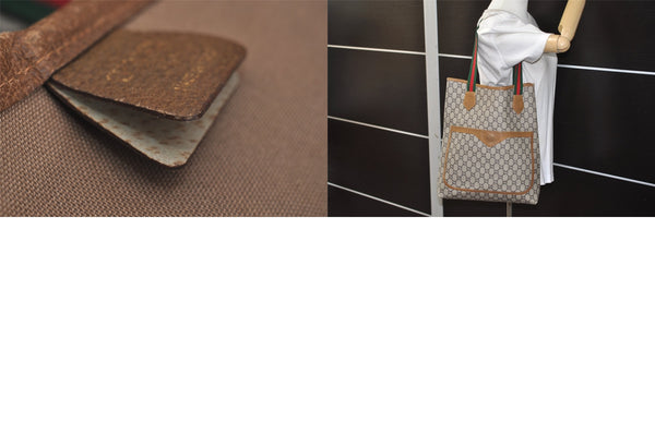 Authentic GUCCI Web Sherry Line Vintage GG Plus Tote Bag PVC Leather Brown 8760M