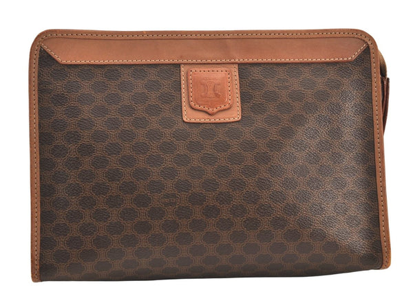 Authentic CELINE Macadam Blason Clutch Hand Bag Purse PVC Leather Brown 8761M
