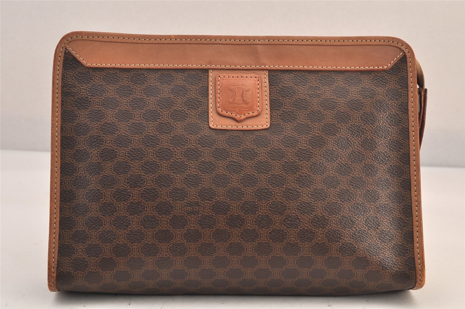 Authentic CELINE Macadam Blason Clutch Hand Bag Purse PVC Leather Brown 8761M
