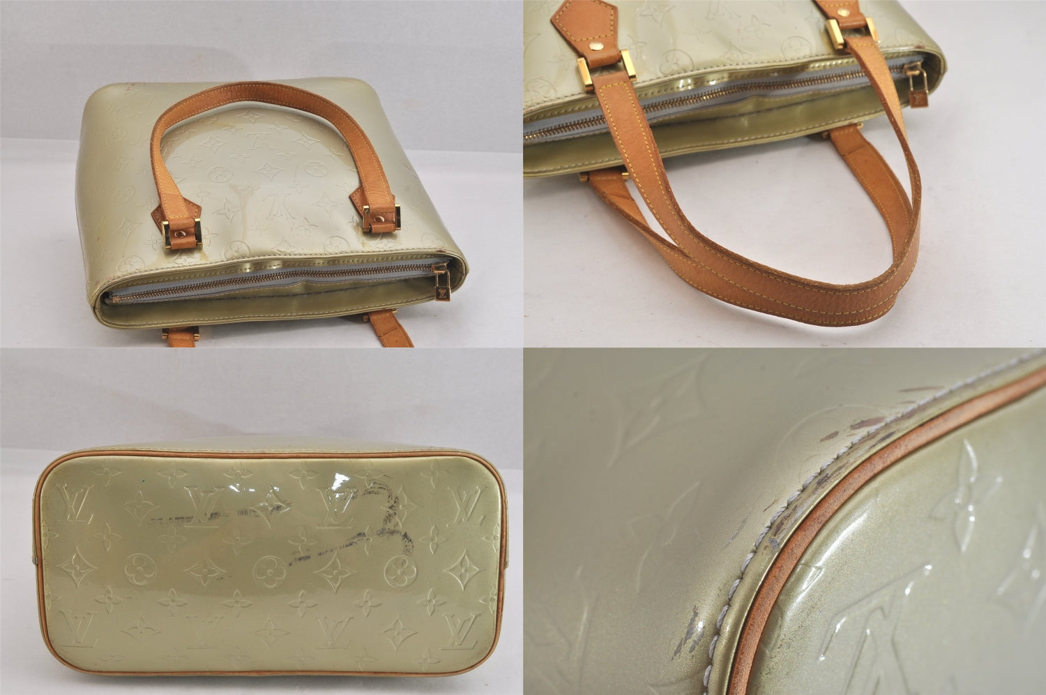 Authentic Louis Vuitton Vernis Houston Shoulder Bag Light Green M91053 LV 8772M