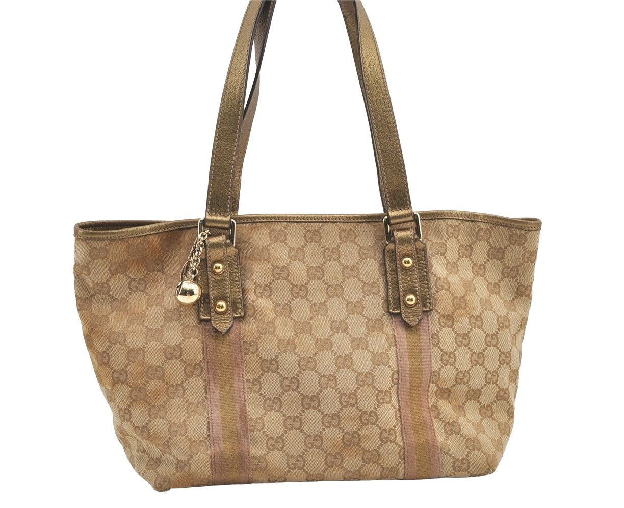 Authentic GUCCI Sherry Line Tote Bag GG Canvas Leather 137396 Beige 8780J