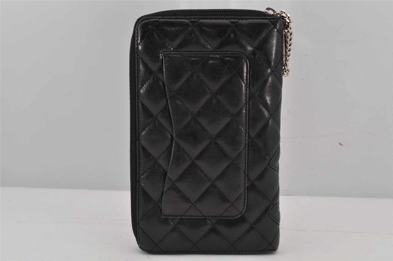 Authentic CHANEL Calf Skin Cambon Line Zippy Organizer Wallet Purse Black 8790J