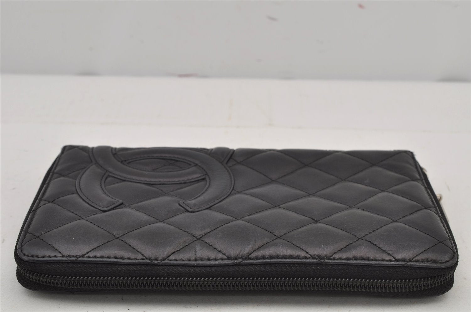 Authentic CHANEL Calf Skin Cambon Line Zippy Organizer Wallet Purse Black 8790J