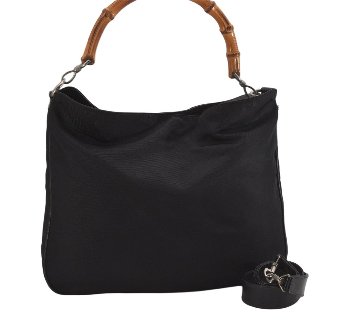 Authentic GUCCI Bamboo Vintage 2Way Shoulder Hand Bag Nylon Leather Black 8795M