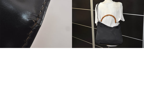 Authentic GUCCI Bamboo Vintage 2Way Shoulder Hand Bag Nylon Leather Black 8795M