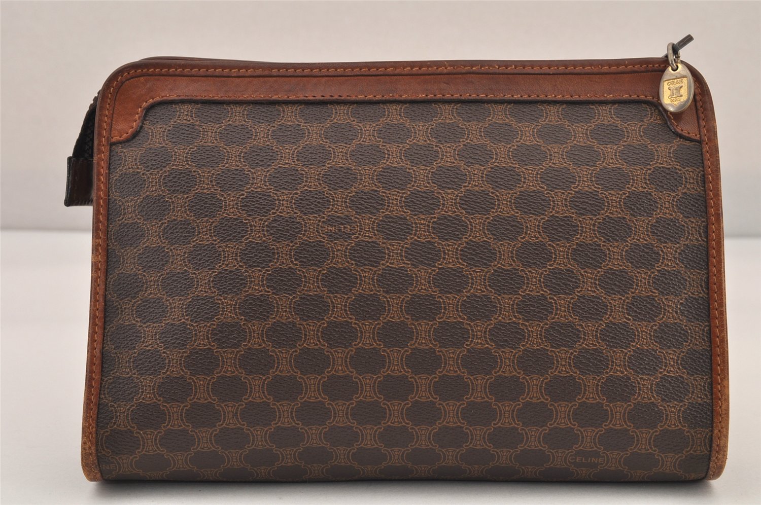 Authentic CELINE Macadam Blason Clutch Hand Bag Purse PVC Leather Brown 8796M