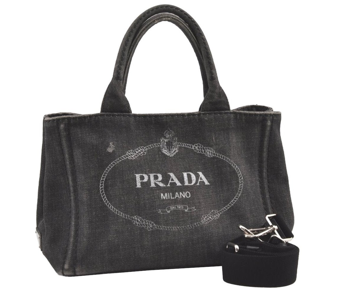 Authentic PRADA Vintage Canapa SS Denim 2Way Shoulder Hand Bag Purse Gray 8798J