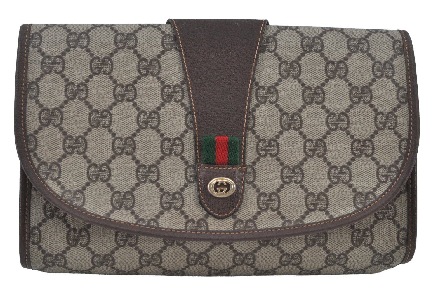 Authentic GUCCI Web Sherry Line Clutch Hand Bag Purse GG PVC Leather Brown 8799H