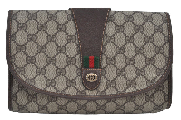 Authentic GUCCI Web Sherry Line Clutch Hand Bag Purse GG PVC Leather Brown 8799H