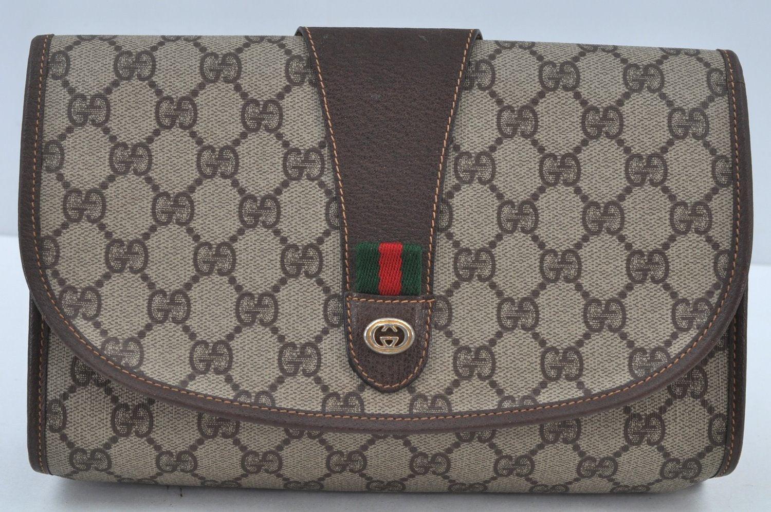 Authentic GUCCI Web Sherry Line Clutch Hand Bag Purse GG PVC Leather Brown 8799H