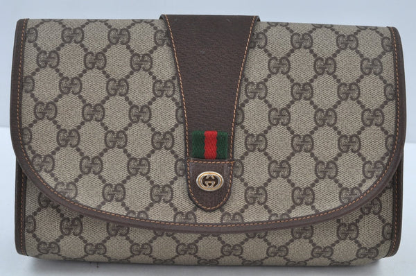 Authentic GUCCI Web Sherry Line Clutch Hand Bag Purse GG PVC Leather Brown 8799H
