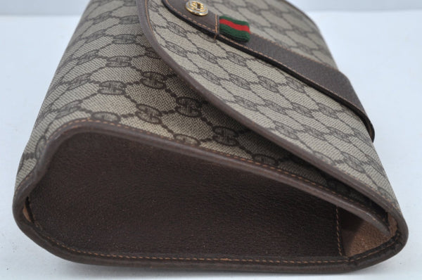 Authentic GUCCI Web Sherry Line Clutch Hand Bag Purse GG PVC Leather Brown 8799H