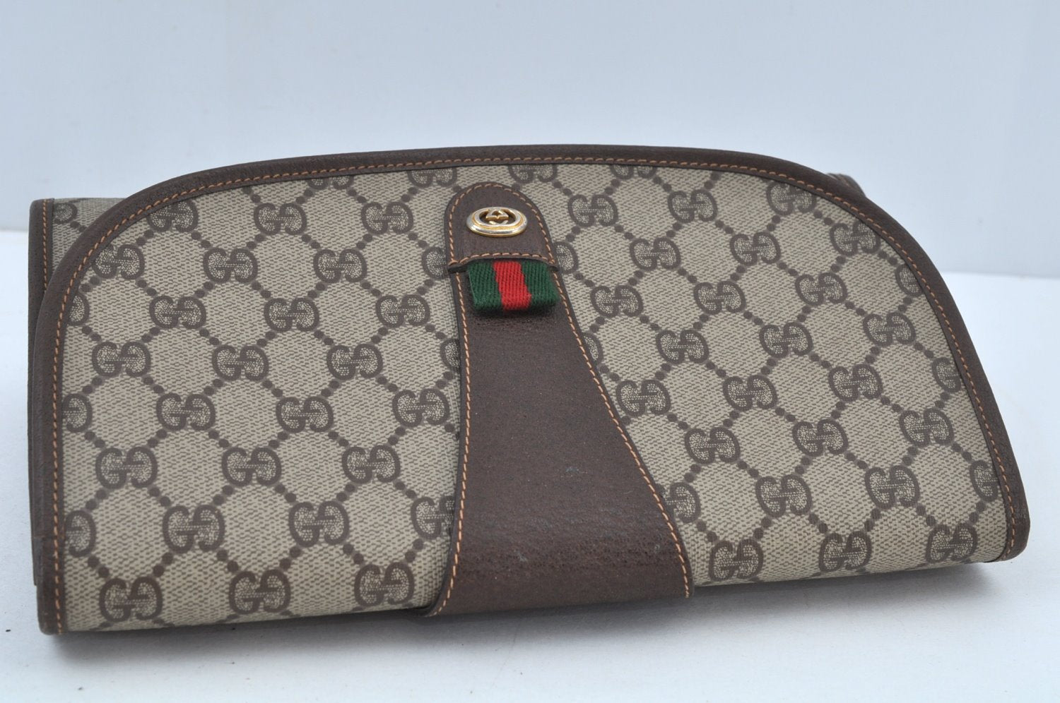 Authentic GUCCI Web Sherry Line Clutch Hand Bag Purse GG PVC Leather Brown 8799H