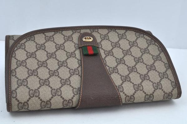 Authentic GUCCI Web Sherry Line Clutch Hand Bag Purse GG PVC Leather Brown 8799H