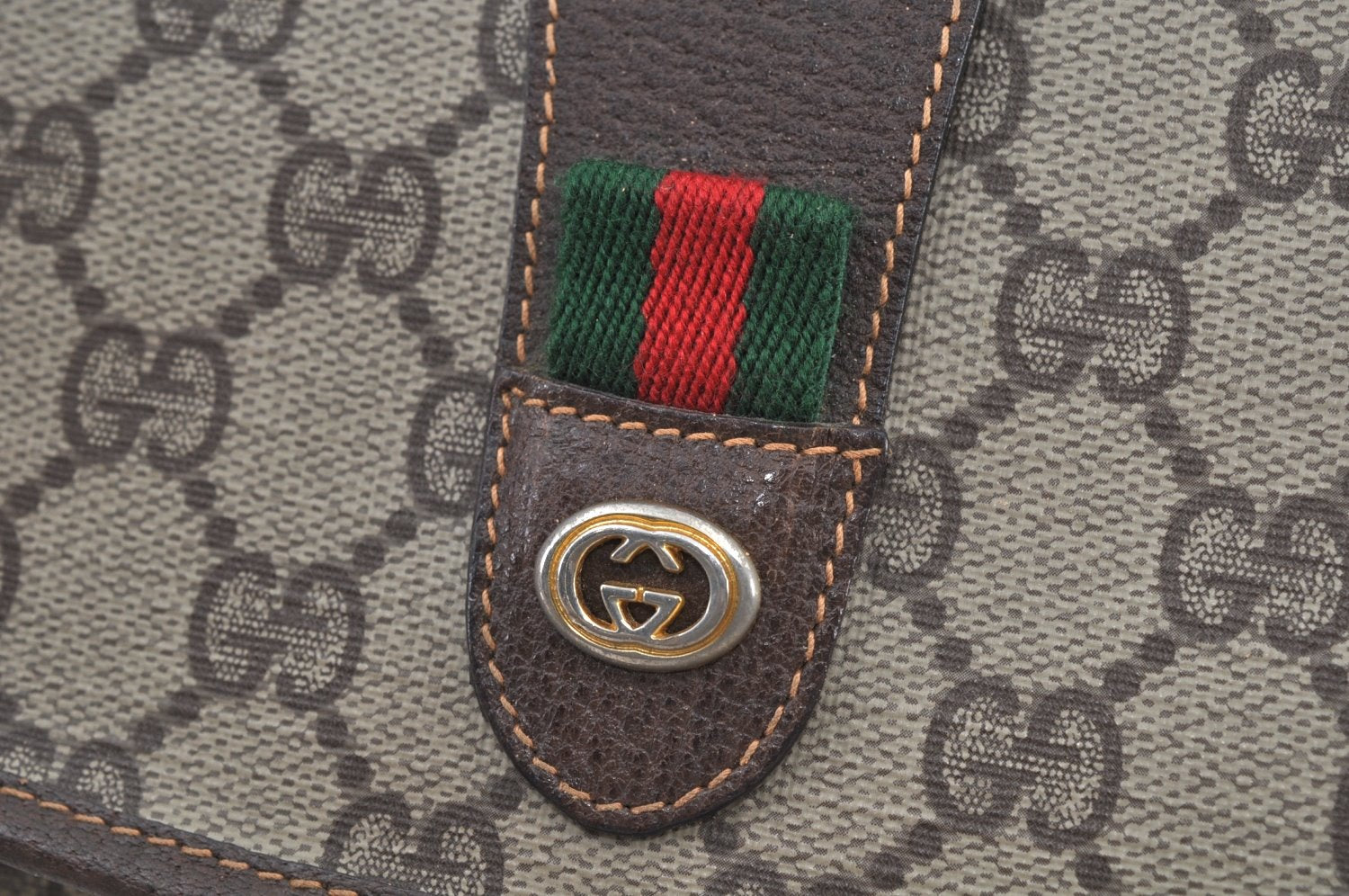 Authentic GUCCI Web Sherry Line Clutch Hand Bag Purse GG PVC Leather Brown 8799H