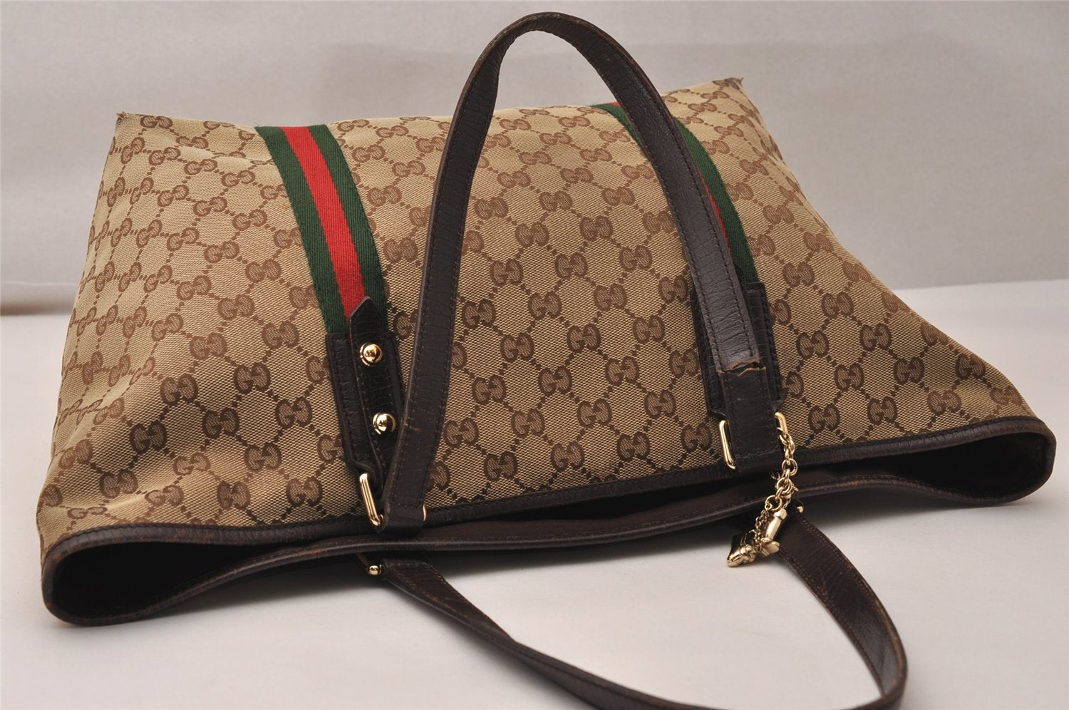 Authentic GUCCI Web Sherry Line Tote Bag GG Canvas Leather 139260 Brown 8800J