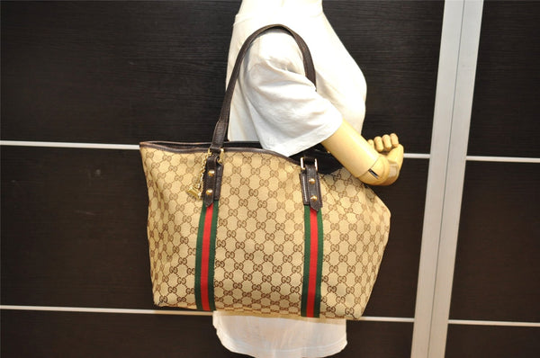 Authentic GUCCI Web Sherry Line Tote Bag GG Canvas Leather 139260 Brown 8800J