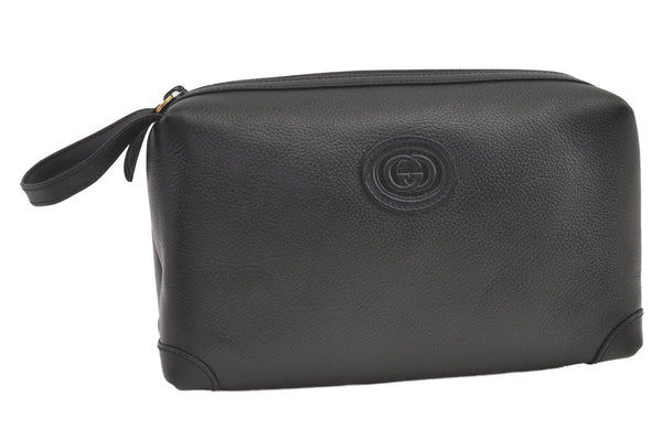 Authentic GUCCI Vintage Clutch Hand Bag Purse Leather Black 8830J