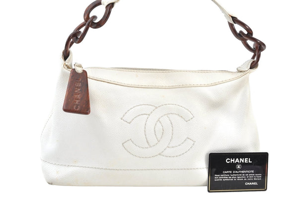 Authentic CHANEL Vintage Caviar Skin Shoulder Hand Bag Purse White 8831H