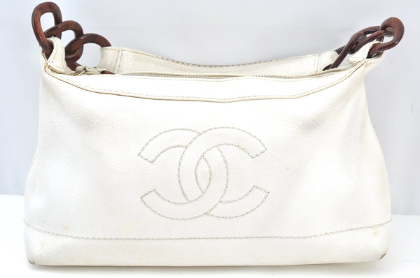 Authentic CHANEL Vintage Caviar Skin Shoulder Hand Bag Purse White 8831H