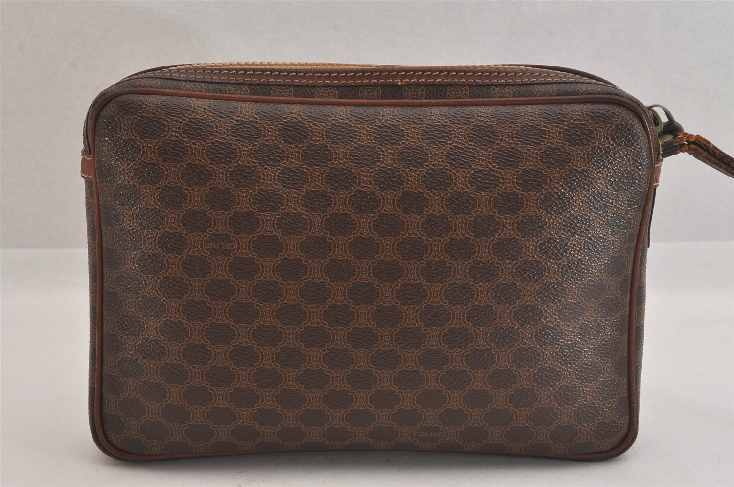 Authentic CELINE Macadam Blason Clutch Hand Bag Purse PVC Leather Brown 8840M