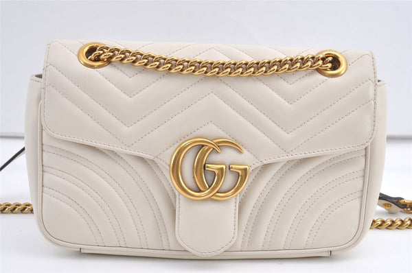 Authentic GUCCI GG Marmont Chain Shoulder Cross Bag Leather 443497 White 8860J
