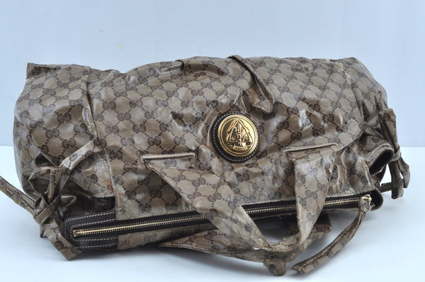 Authentic GUCCI GG Crystal Hysteria Tote Hand Bag PVC Leather 197021 Brown 8863H