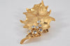 Authentic YVES SAINT LAURENT Rhinestone Leaf Motif Brooch Gold Tone 8863K