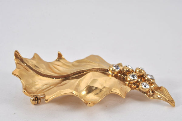 Authentic YVES SAINT LAURENT Rhinestone Leaf Motif Brooch Gold Tone 8863K