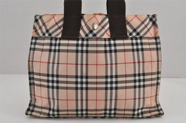 Authentic BURBERRY BLUE LABEL Check Hand Tote Bag Nylon Leather Pink Beige 8864J
