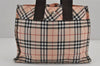 Authentic BURBERRY BLUE LABEL Check Hand Tote Bag Nylon Leather Pink Beige 8864J