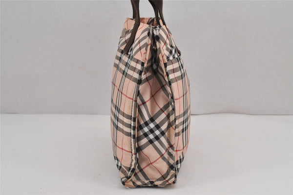 Authentic BURBERRY BLUE LABEL Check Hand Tote Bag Nylon Leather Pink Beige 8864J