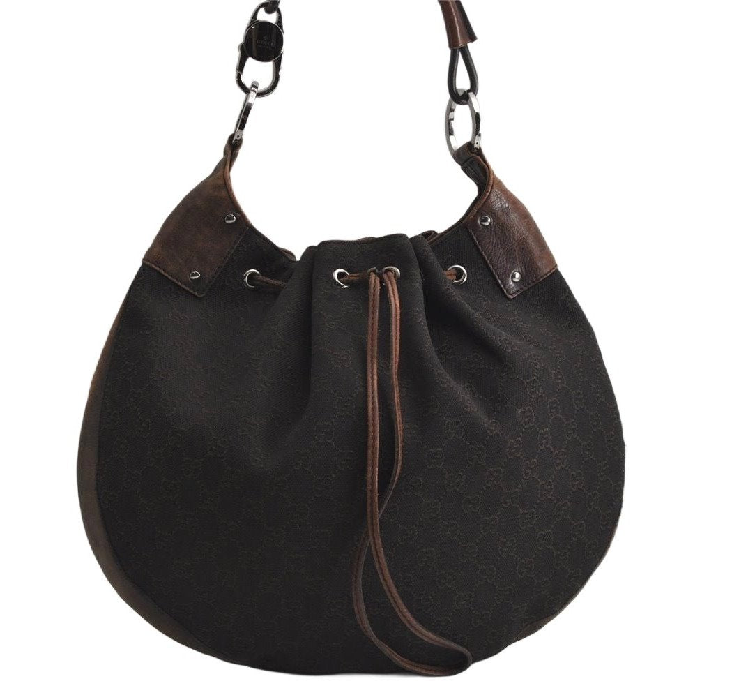 Authentic GUCCI Shoulder Drawstring Bag GG Canvas Leather 179778 Brown 8875J