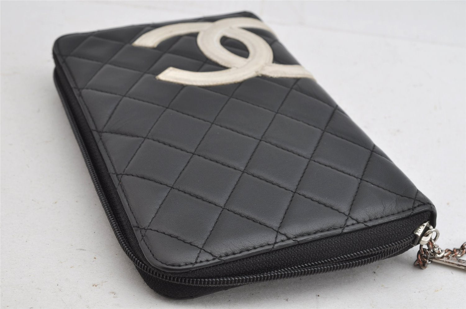 Authentic CHANEL Calf Skin Cambon Line Zippy Organizer Wallet Black Junk 8888J