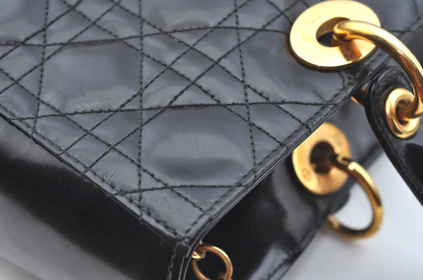 Authentic Christian Dior Lady Dior Enamel Cannage Hand Bag Black CD 8892F