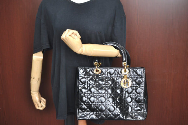 Authentic Christian Dior Lady Dior Enamel Cannage Hand Bag Black CD 8892F