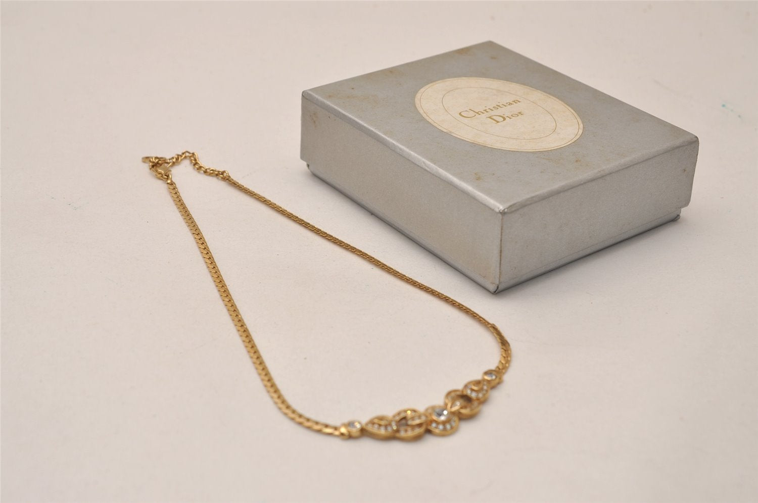 Authentic Christian Dior Gold Rhinestone Chain Pendant Necklace Box 8897J