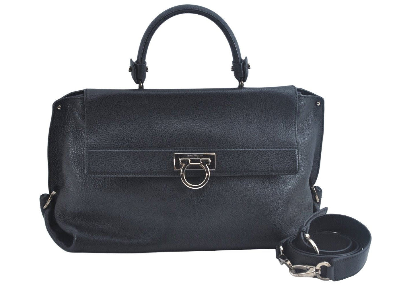 Authentic Salvatore Ferragamo Sophia Gancini Leather 2Way Hand Bag Black 8909J