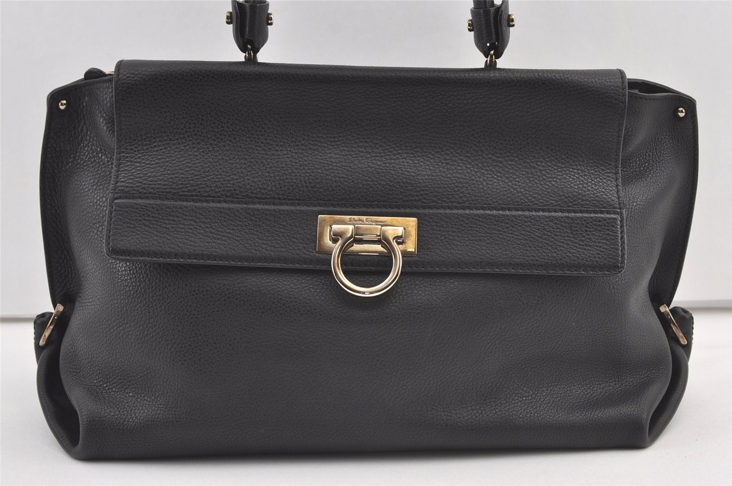 Authentic Salvatore Ferragamo Sophia Gancini Leather 2Way Hand Bag Black 8909J