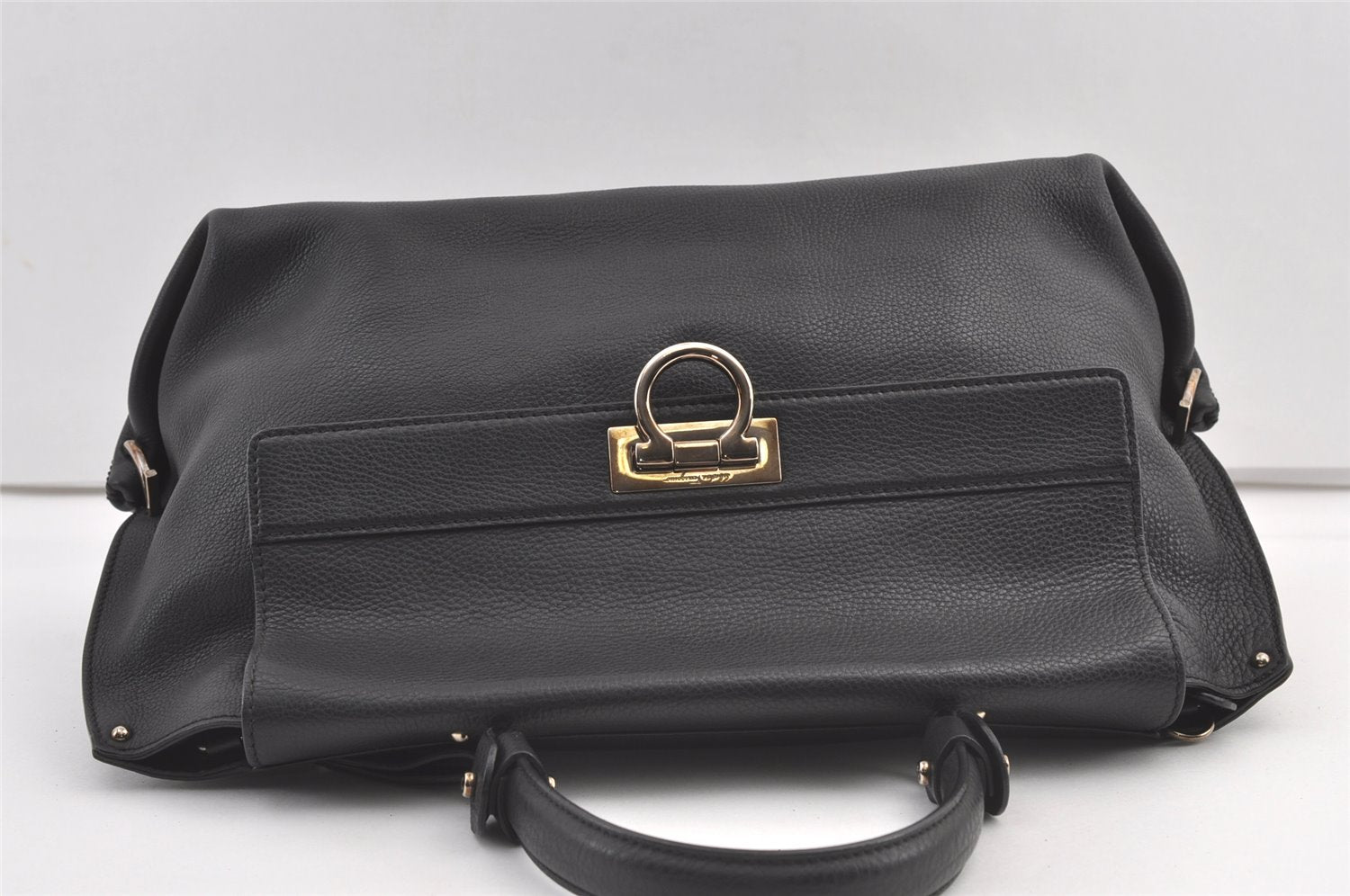 Authentic Salvatore Ferragamo Sophia Gancini Leather 2Way Hand Bag Black 8909J