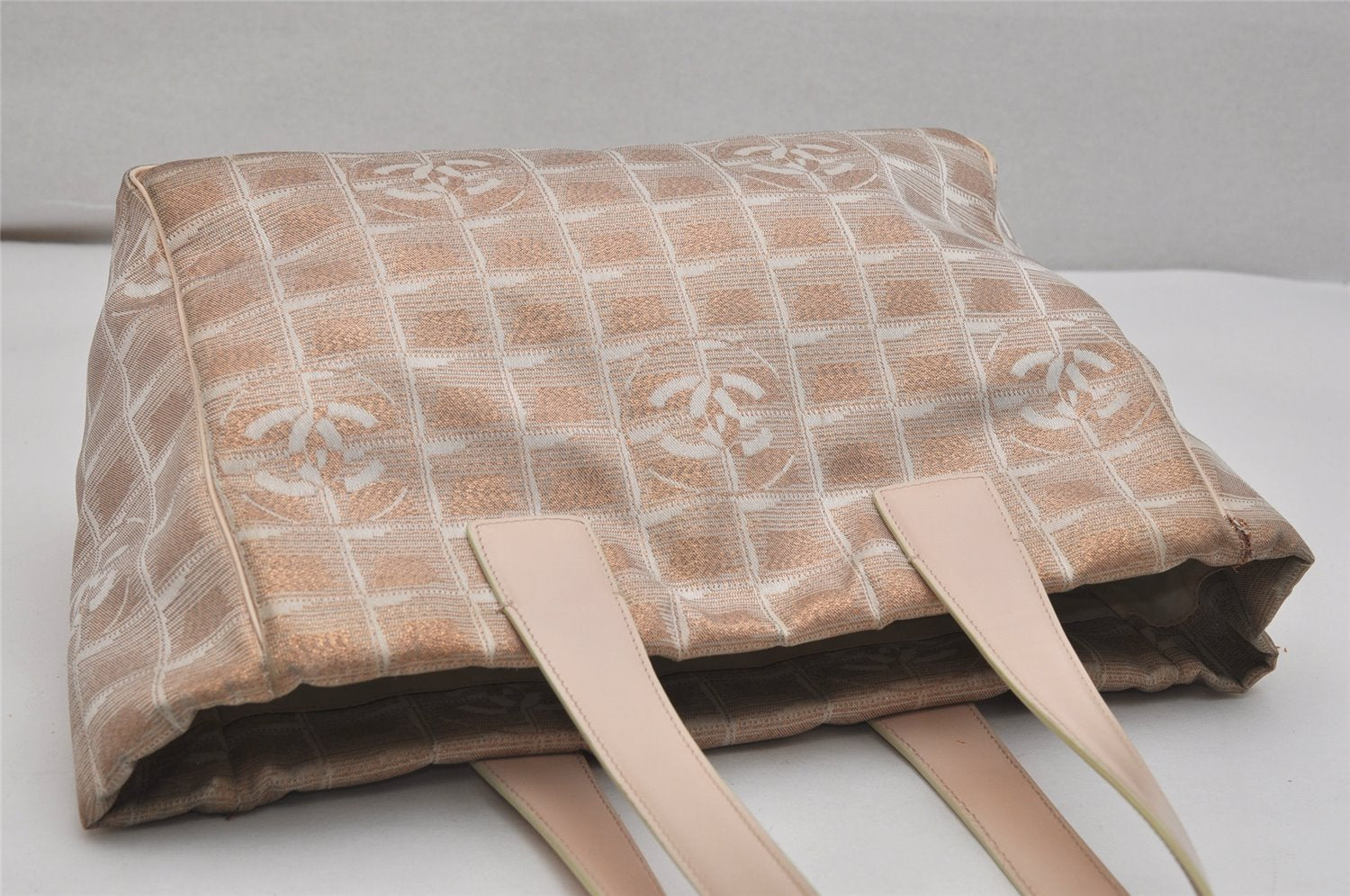 Authentic CHANEL New Travel Line Shoulder Tote Bag Nylon Leather Beige 8913J