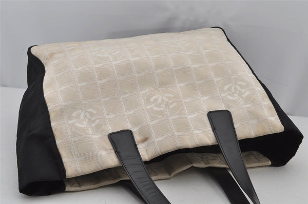 Authentic CHANEL New Travel Line Tote Bag Nylon Leather Beige Black 8931J