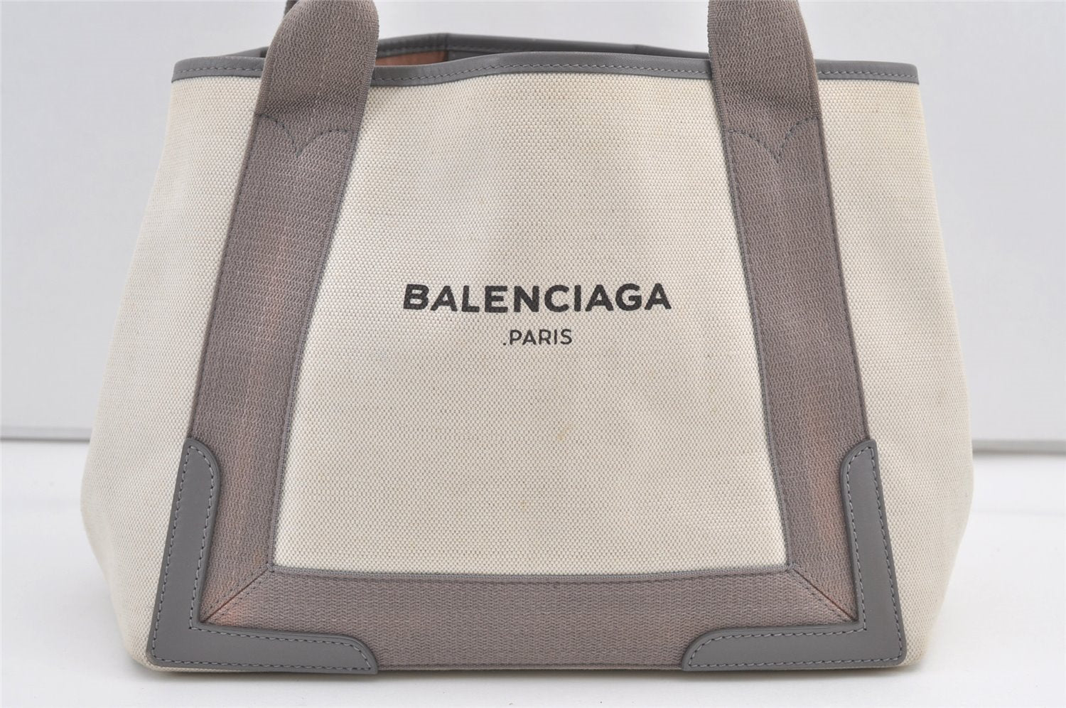 Authentic BALENCIAGA Navy Caba S Hand Bag Canvas Leather 339933 White 8932J