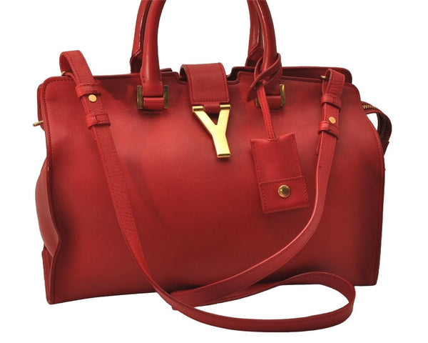 Authentic YVES SAINT LAURENT Cabas Shyc 2Way Shoulder Tote Bag Leather Red 8949J